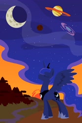 Size: 2400x3600 | Tagged: safe, artist:grandpalove, character:princess luna, species:alicorn, species:pony, crescent moon, ethereal mane, eyes closed, female, galaxy, mare, moon, planet, planetary ring, solo, space, sunset, surreal, the cosmos, working