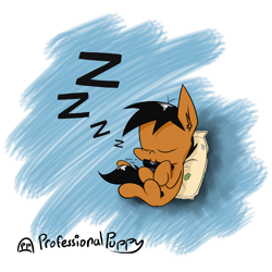 Size: 2000x2000 | Tagged: safe, artist:professionalpuppy, oc, oc only, oc:puppy, species:earth pony, species:pony, breaking the fourth wall, eyes closed, male, nom, onomatopoeia, pillow, simple background, sleeping, solo, sound effects, stallion, transparent background, zzz