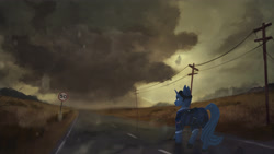 Size: 4000x2250 | Tagged: safe, artist:blackligerth, oc, oc only, species:pony, species:unicorn, clothing, cloud, commission, dark clouds, power line, road, scenery, solo, walking