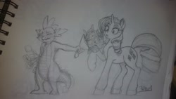 Size: 3264x1836 | Tagged: safe, artist:prismspark, character:rarity, character:spike, ship:sparity, blushing, bouquet, female, flower, male, shipping, sketch, straight, traditional art