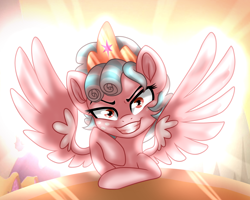 Size: 2500x2000 | Tagged: safe, artist:koloredkat, character:cozy glow, species:pegasus, species:pony, crown, evil grin, female, filly, grin, jewelry, looking at you, regalia, smiling, solo, song reference in the description, spread wings, wings