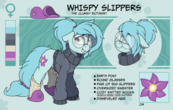 Size: 3189x2028 | Tagged: safe, artist:rexyseven, oc, oc:whispy slippers, species:earth pony, species:pony, clothing, female, floppy ears, glasses, high res, mare, reference sheet, slippers, socks, solo, sweater, turtleneck