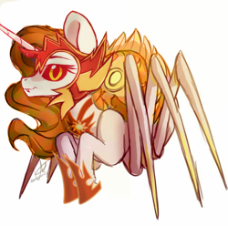 Size: 1032x1024 | Tagged: safe, artist:ebonytails, edit, character:daybreaker, character:princess celestia, female, looking at you, monster pony, original species, simple background, solo, species swap, spiderpony