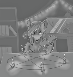 Size: 1534x1616 | Tagged: safe, artist:flaming-trash-can, oc, oc:antimony ouroboros, species:earth pony, species:pony, black and white, candle, grayscale, magic, magic circle, monochrome, pentagram, ritual, sketch, snake, solo, summoning circle