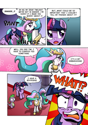 Size: 1204x1700 | Tagged: safe, artist:tarkron, character:princess celestia, character:spike, character:twilight sparkle, character:twilight sparkle (alicorn), species:alicorn, species:dragon, species:pony, comic:the royal sandal, blushing, comic, confession, confused, crown, dialogue, exhausted, gradient background, jewelry, panting, regalia, shocked, shoujo bloom, speech bubble, starburst background, wheezing