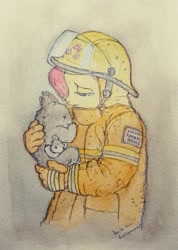 Size: 689x965 | Tagged: safe, artist:daisymane, character:fluttershy, species:anthro, australian bushfires, duo, female, fire suit, firefighter, firefighter fluttershy, firefighter helmet, helmet, holding, koala, looking at something, three quarter view, traditional art