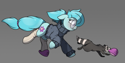 Size: 3292x1662 | Tagged: safe, artist:rexyseven, oc, oc only, oc:whispy slippers, species:earth pony, species:pony, blushing, clothing, female, glasses, gray background, mare, mouth hold, raccoon, running, simple background, slippers, socks, sweater