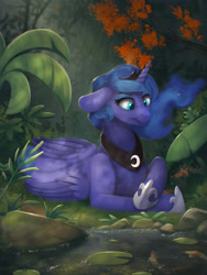 Size: 3000x4000 | Tagged: safe, artist:blackligerth, character:princess luna, species:alicorn, species:pony, digital art, ethereal mane, female, fish, floppy ears, forest, galaxy mane, grass, hoof shoes, lily pad, mare, peytral, prone, rock, solo, tree, vegetation, water