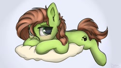 Size: 1440x810 | Tagged: safe, artist:lakunae, oc, oc:oil drop, species:pony, blushing, female, mare, simple background