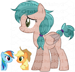 Size: 831x802 | Tagged: safe, artist:otakuchicky1, character:applejack, character:rainbow dash, oc, parent:applejack, parent:rainbow dash, parents:appledash, species:pegasus, species:pony, ship:appledash, female, lesbian, magical lesbian spawn, mare, obtrusive watermark, offspring, shipping, simple background, transparent background, watermark