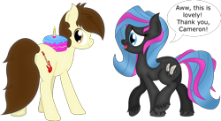 Size: 3412x1873 | Tagged: safe, artist:soulakai41, oc, oc only, oc:cameron, oc:obabscribbler, species:earth pony, species:pony, cake, female, food, mare, simple background, transparent background