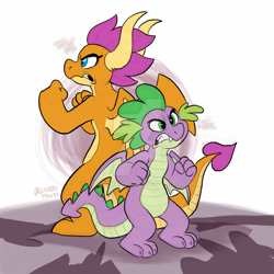Size: 1024x1024 | Tagged: safe, artist:thedoggygal, character:smolder, character:spike, species:dragon, back to back, duo, female, fighting stance, gritted teeth, high res, male, simple background, watermark, white background, winged spike