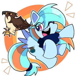 Size: 768x768 | Tagged: safe, artist:erufi, oc, oc only, oc:hermanus, species:bird, species:pegasus, species:pony, my little pony:pony life, abstract background, clothing, female, flying, hawk, mare, one eye closed, open mouth, scarf, solo, spread wings, tailband, wings, wink