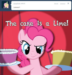 Size: 500x520 | Tagged: safe, artist:sircinnamon, character:pinkie pie, species:pony, ask tickled pinkie, cake, female, food, portal (valve), solo, the cake is a lie