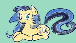 Size: 1000x573 | Tagged: safe, artist:carmelcube, oc, oc only, oc:milky way, species:earth pony, species:pony, female, looking at you, lying down, mare, prone, solo