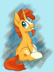 Size: 1500x2000 | Tagged: safe, artist:litrojia, character:sunburst, species:pony, species:unicorn, abstract background, chest fluff, cute, facial hair, goatee, looking at you, male, missing accessory, sitting, smiling, solo, stallion, sunbetes