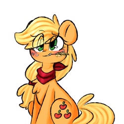 Size: 2000x2000 | Tagged: safe, artist:thieftea, character:applejack, species:earth pony, species:pony, bandana, blushing, chest fluff, cute, eye clipping through hair, female, hatless, high res, jackabetes, mare, missing accessory, neckerchief, simple background, sitting, smiling, solo, straw in mouth, white background