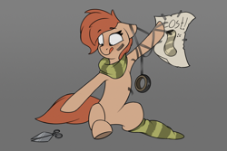 Size: 2542x1695 | Tagged: safe, artist:rexyseven, oc, oc only, oc:rusty gears, species:earth pony, species:pony, clothing, female, freckles, gray background, mare, poster, scarf, scissors, simple background, sitting, socks, solo, striped socks, tape, tongue out