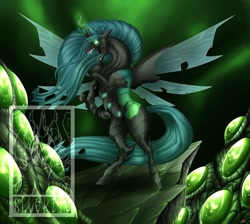 Size: 900x808 | Tagged: safe, artist:bluekite-falls, artist:sky-railroad, character:queen chrysalis, species:changeling, badass, changeling queen, cocoon, egg, fangs, female, glowing eyes, glowing horn, horn, long mane, long tail, obtrusive watermark, open mouth, rearing, sharp teeth, solo, spread wings, teeth, tongue out, watermark, wings