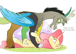 Size: 2456x1734 | Tagged: safe, artist:koloredkat, character:discord, character:fluttershy, species:draconequus, species:pony, species:unicorn, ship:discoshy, g5 leak, leak, discord (g5), female, fluttershy (g5), grin, hoof fluff, looking at each other, male, mare, on back, redesign, sharp teeth, shipping, simple background, smiling, straight, teeth, text, transparent background, unicorn fluttershy