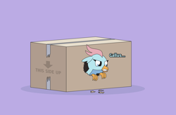 Size: 3363x2204 | Tagged: safe, artist:gd_inuk, character:ocellus, species:changeling, species:griffon, species:reformed changeling, behaving like a bird, box, changeling in a box, dialogue, disguise, disguised changeling, female, griffonized, high res, implied gallus, ocellus is not amused, purple background, simple background, solo, species swap, story included, unamused