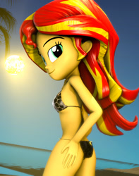 Size: 853x1080 | Tagged: safe, artist:kyloren2000, character:sunset shimmer, my little pony:equestria girls, 3d, beach, bikini, bikini bottom, bikini top, clothing, female, hand on hip, looking at you, looking back, looking back at you, solo, source filmmaker, sun, swimsuit