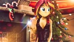 Size: 1920x1080 | Tagged: safe, artist:kyloren2000, character:sunset shimmer, my little pony:equestria girls, 2020, 3d, candy, candy cane, christmas, christmas tree, clothing, dress, female, fireplace, food, happy new year, happy new year 2020, holiday, solo, source filmmaker, tree