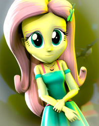 Size: 851x1080 | Tagged: safe, artist:kyloren2000, character:fluttershy, species:bird, my little pony:equestria girls, 3d, clothing, dress, female, geode of fauna, hairclip, jewelry, looking at you, magical geodes, necklace, solo, source filmmaker