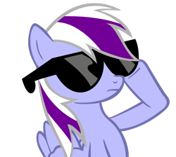 Size: 2516x2250 | Tagged: safe, artist:theironheart, oc, oc only, oc:purple bolt, species:pegasus, species:pony, female, mare, pegasus oc, rainbow dash salutes, recolor, simple background, sunglasses, transparent background, wings