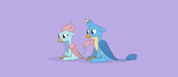 Size: 5840x2550 | Tagged: safe, artist:gd_inuk, character:gallus, character:ocellus, species:changeling, species:griffon, species:reformed changeling, cute, diaocelles, disguise, disguised changeling, duo, female, floppy ears, gallabetes, gallus is not amused, griffonized, happy, high res, male, purple background, simple background, sitting, species swap, unamused