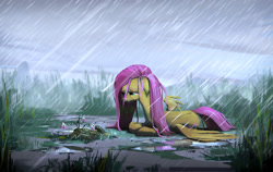 Size: 1600x1013 | Tagged: safe, artist:ruffu, character:fluttershy, species:pegasus, species:pony, cloud, crying, female, floppy ears, flower, grass, lying down, mare, prone, puddle, rain, sad, sky, solo, tall grass, wet, wet mane