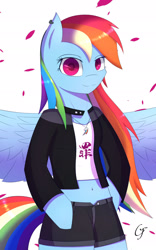 Size: 1200x1920 | Tagged: safe, artist:laptop-pone, character:rainbow dash, species:anthro, species:pegasus, species:pony, arm hooves, belly, belly button, bipedal, clothing, female, jacket, mare, shirt, shorts, wings