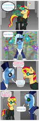 Size: 512x1561 | Tagged: safe, artist:zeronitroman, character:trixie, oc, oc:mez-mare-a, species:bird, species:duck, episode:power ponies, g4, my little pony: friendship is magic, behaving like a duck, comic, dramatic entrance, goggles, great and powerful, hypnosis, hypnotized, power ponies oc, quack, superhero, supervillain, swirly eyes, villainess