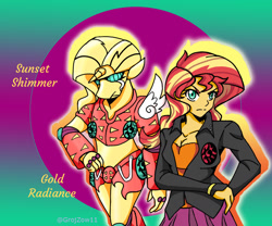 Size: 1296x1080 | Tagged: safe, artist:ponime11, character:sunset shimmer, species:anthro, my little pony:equestria girls, crossover, female, gold experience, jojo's bizarre adventure, solo, stand