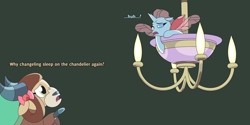 Size: 4800x2400 | Tagged: safe, artist:gd_inuk, character:ocellus, character:yona, species:changeling, species:reformed changeling, species:yak, bow, chandelier, concerned, dialogue, duo, green background, hair bow, high res, hoof pointing, lighting, monkey swings, one eye closed, simple background, sleepy, story included, tired, wings