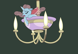 Size: 3111x2160 | Tagged: safe, alternate version, artist:gd_inuk, character:ocellus, species:changeling, species:reformed changeling, bags under eyes, chandelier, drool, green background, high res, lighting, simple background, sleeping, tired, wings
