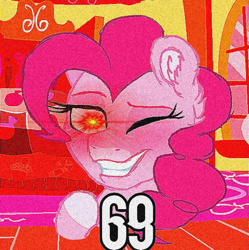 Size: 1227x1230 | Tagged: safe, artist:koloredkat, character:pinkie pie, species:earth pony, species:pony, 69 (number), bust, colored hooves, deep fried meme, ear fluff, female, glowing eyes, glowing eyes meme, grin, mare, meme, milestone, one eye closed, smiling, wink