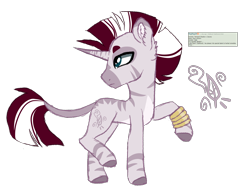 Size: 2298x1762 | Tagged: safe, artist:koloredkat, oc, oc only, parent:tempest shadow, parent:zecora, species:pony, species:unicorn, species:zebra, species:zony, bracelet, colored hooves, horn, hybrid, jewelry, leonine tail, looking back, magical lesbian spawn, male, offspring, parents:tempestcora, raised hoof, reference sheet, simple background, stallion, transparent background, unicorn oc, zebra oc, zony oc