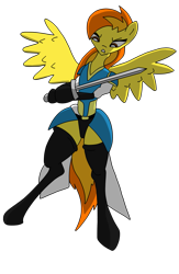 Size: 1231x1884 | Tagged: safe, artist:greeneyedmistress, character:spitfire, species:pegasus, species:pony, armor, clothing, female, flying, mare, simple background, solo, sword, transparent background, weapon