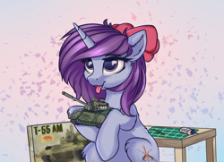 Size: 3800x2750 | Tagged: safe, artist:lakunae, oc, oc:lakunae, species:pony, species:unicorn, bow, cute, female, mare, modeling, simple background, sitting, t-55, tank (vehicle), tongue out