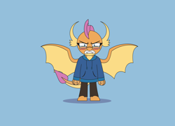 Size: 2870x2068 | Tagged: safe, alternate version, artist:gd_inuk, character:smolder, species:dragon, angry, blue background, blushing, clenched fist, clenched teeth, clothing, dragoness, egghead, female, glasses, high res, hoodie, humiliated, imminent rage, looking at you, pants, shrunken pupils, simple background, smolder is not amused, smoldere, solo, standing, tsundere, unamused, urge to kill rising