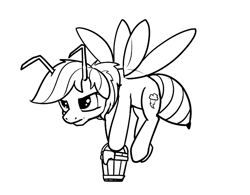 Size: 703x548 | Tagged: safe, artist:dacaoo, character:rainbow dash, species:pegasus, species:pony, abdomen, antennae, bee, bee pony, bucket, female, flying, food, honey, insect, original species, simple background, solo, species swap, wings