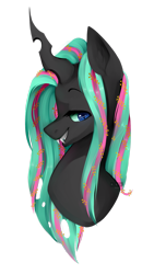 Size: 1024x1679 | Tagged: safe, artist:goshhhh, oc, oc:queen euphoria, species:changeling, bust, changeling queen, changeling queen oc, fangs, female, head shot, simple background, smiling, solo, transparent background