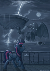 Size: 3508x4961 | Tagged: safe, artist:kozachokzrotom, character:twilight sparkle, character:twilight sparkle (alicorn), species:alicorn, species:pony, cthulhu, cthulhu mythos, cthulu fh'tagn, female, innsmouth, lightning, looking up, mare, raised hoof, song reference in the description