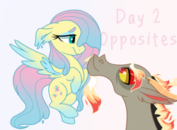 Size: 2359x1736 | Tagged: safe, artist:koloredkat, character:discord, character:fluttershy, species:draconequus, species:pegasus, species:pony, ship:discoshy, female, fire, flutterbutter, looking at each other, male, mare, melting, shipping, smiling, straight, text