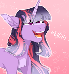 Size: 1876x2000 | Tagged: safe, artist:koloredkat, character:twilight sparkle, character:twilight sparkle (unicorn), species:pony, species:unicorn, abstract background, eye clipping through hair, female, horse noises, majestic as fuck, mare, neigh, open mouth, solo