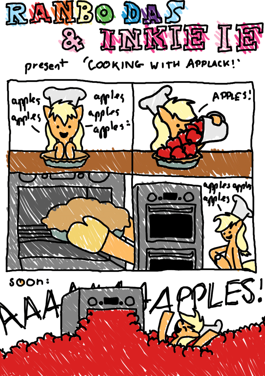 Size: 900x1277 | Tagged: safe, artist:thelastgherkin, character:applejack, species:earth pony, species:pony, animated, applack, apple, apple pie, applenese, baking, baman piderman, chef's hat, clothing, comic, female, food, hat, mare, oven, pie, solo, that pony sure does love apples, watch, wristwatch