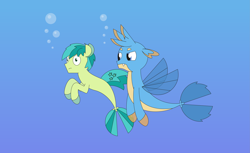 Size: 5197x3173 | Tagged: safe, artist:gd_inuk, character:gallus, character:sandbar, species:seapony (g4), bubble, duo, fin wings, gallus is not amused, gradient background, high res, male, seaponified, seapony gallus, seapony sandbar, species swap, surprised, unamused, underwater, wings