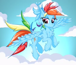 Size: 2423x2061 | Tagged: safe, artist:rurihal, character:rainbow dash, species:pegasus, species:pony, chest fluff, ear fluff, feather, female, flying, hoof fluff, solo