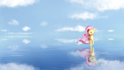 Size: 1600x900 | Tagged: safe, artist:qbellas, character:fluttershy, species:pegasus, species:pony, beautiful, cloud, cloudy, eyes closed, female, ocean, reflection, sky, solo, water